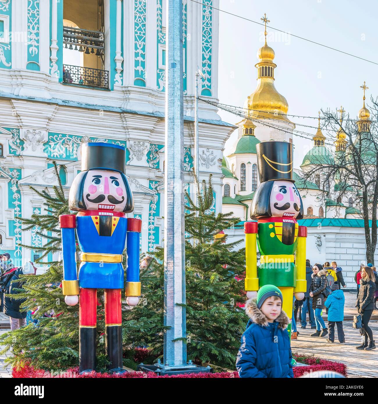 Kiev, Ukraine - January 3, 2020: Christmas tree is installed on Sophia Square. The magical world of adventures of the famous Nutcracker story gives gu Stock Photo