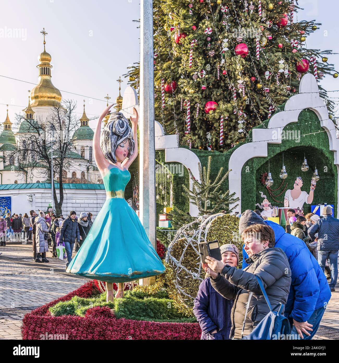 Kiev, Ukraine - January 3, 2020: Christmas tree is installed on Sophia Square. The magical world of adventures of the famous Nutcracker story gives gu Stock Photo