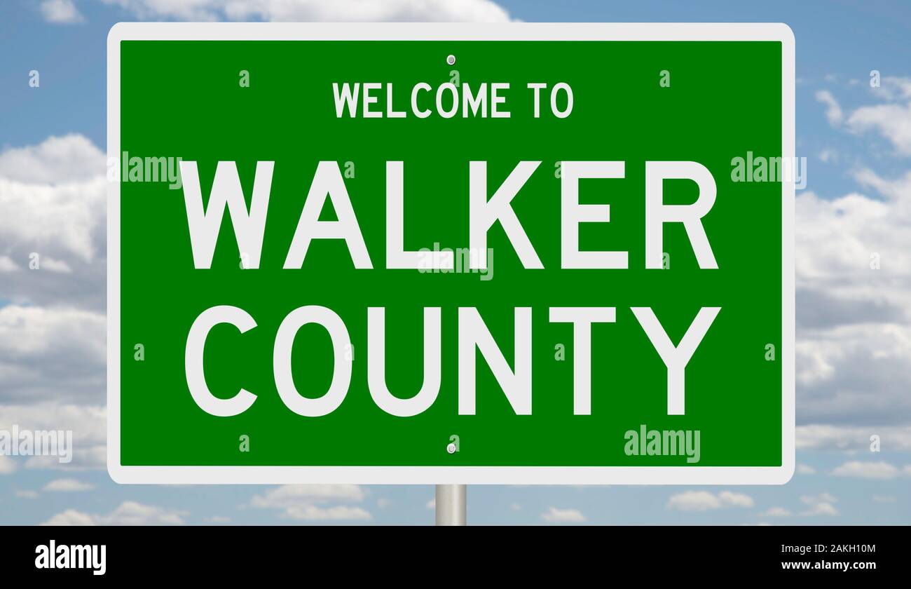 Rendering of a green 3d highway sign for Walker County Stock Photo