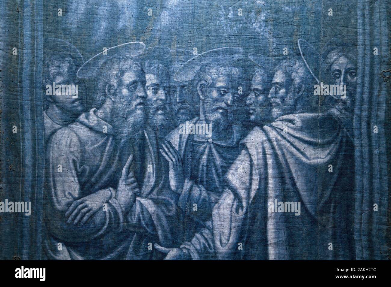 Italy, Liguria, Genoa, Museo Diocesano (Diocesan museum) in the cloister of the canons, Blue of Genoa, Teli della Passione collection, Genoese painters have painted the Passion of Jesus in 1538 on linen textile stained in indigo blue and considered as the ancestors of the modern jeans, Peter's repentance (1538-1540) Stock Photo