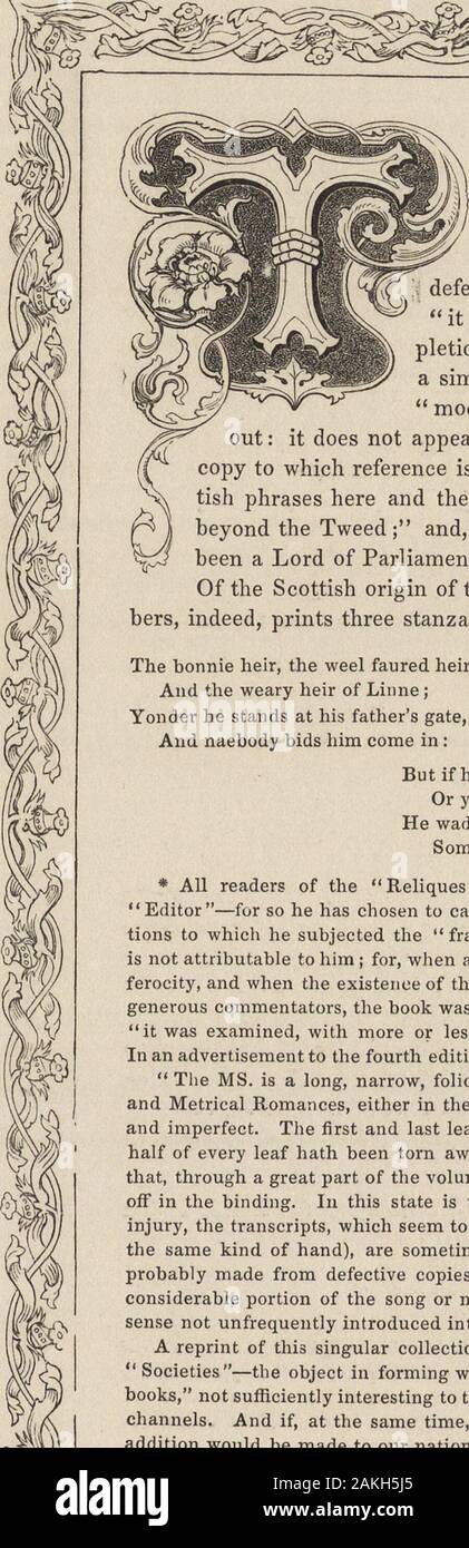 The book of British ballads . s ballad we copy fromthe Reliques of Ancient English Poetry. Dr.Percy states that he found it in his folio MS.;and that he had inserted supplemental stanzas,necessary in consequence of the breaches anddefects which existed in his fragment. These, he adds, it is hoped the reader will pardon, as, indeed, the com-pletion of the story was suggested by a modern ballad ona similar subject. It is much to be lamented that themodern ballad has not been more distinctly pointedout: it does not appear in any collection; nor are we acquainted with thecopy to which reference is Stock Photo