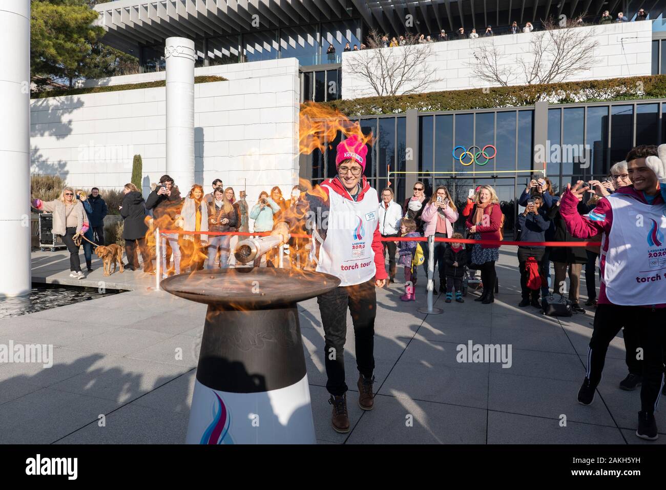 The Lausanne 2020 Youth Olympic Games Flame Relay event at the Olympic Museum on the 8th January 2020 in Lausanne in Switzerland. Stock Photo