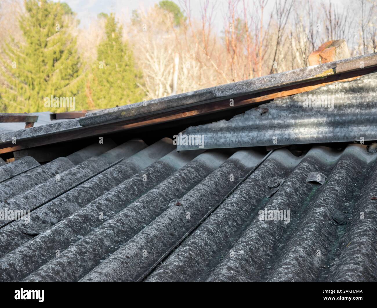 Old corrugated asbestos roof on agricultural building. Closeup. Stock Photo