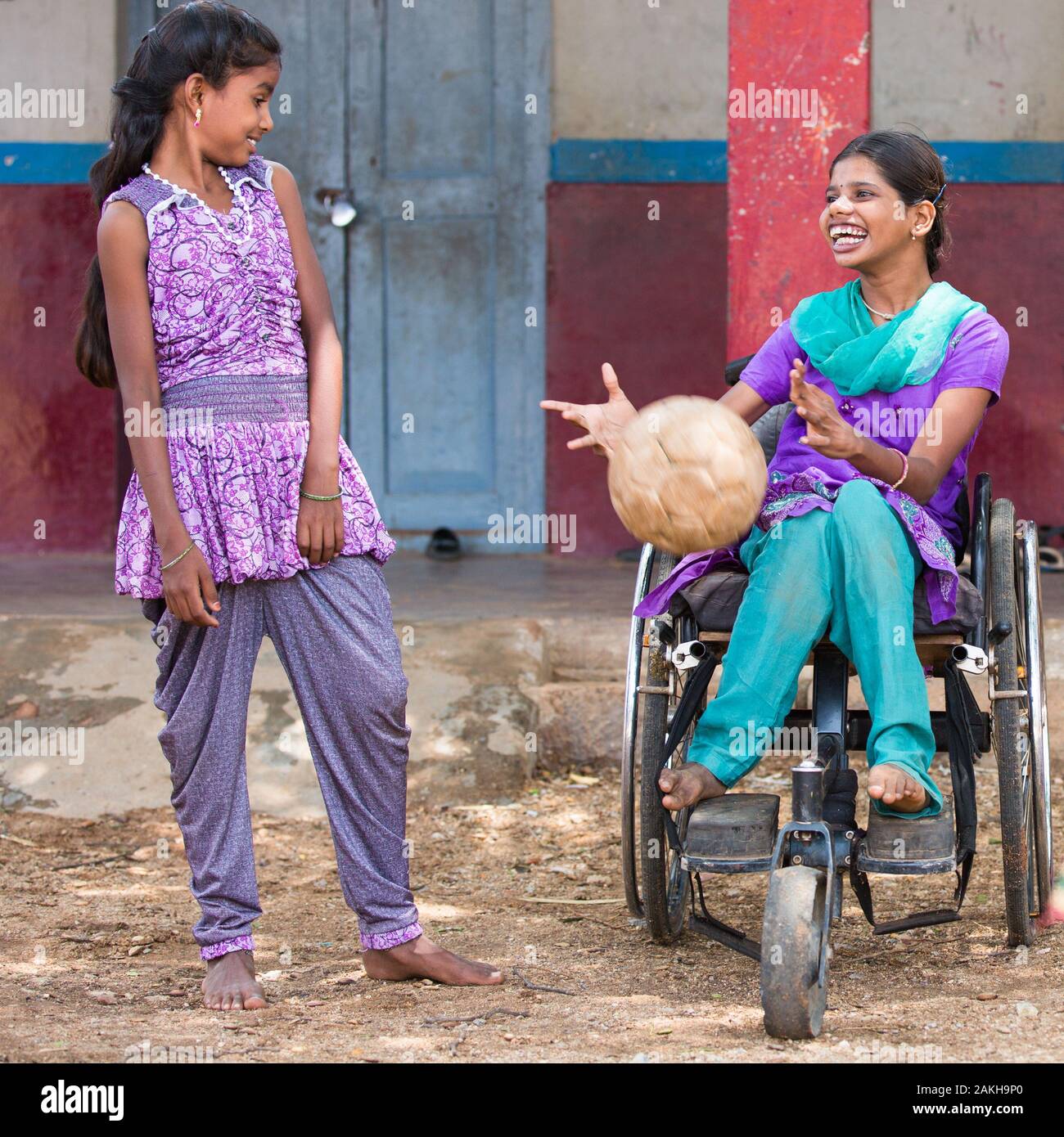 CAPTION: Shilpa, who has cerebral palsy and moves around in a wheelchair, has developed her confidence level dramatically since joining her local Afte Stock Photo