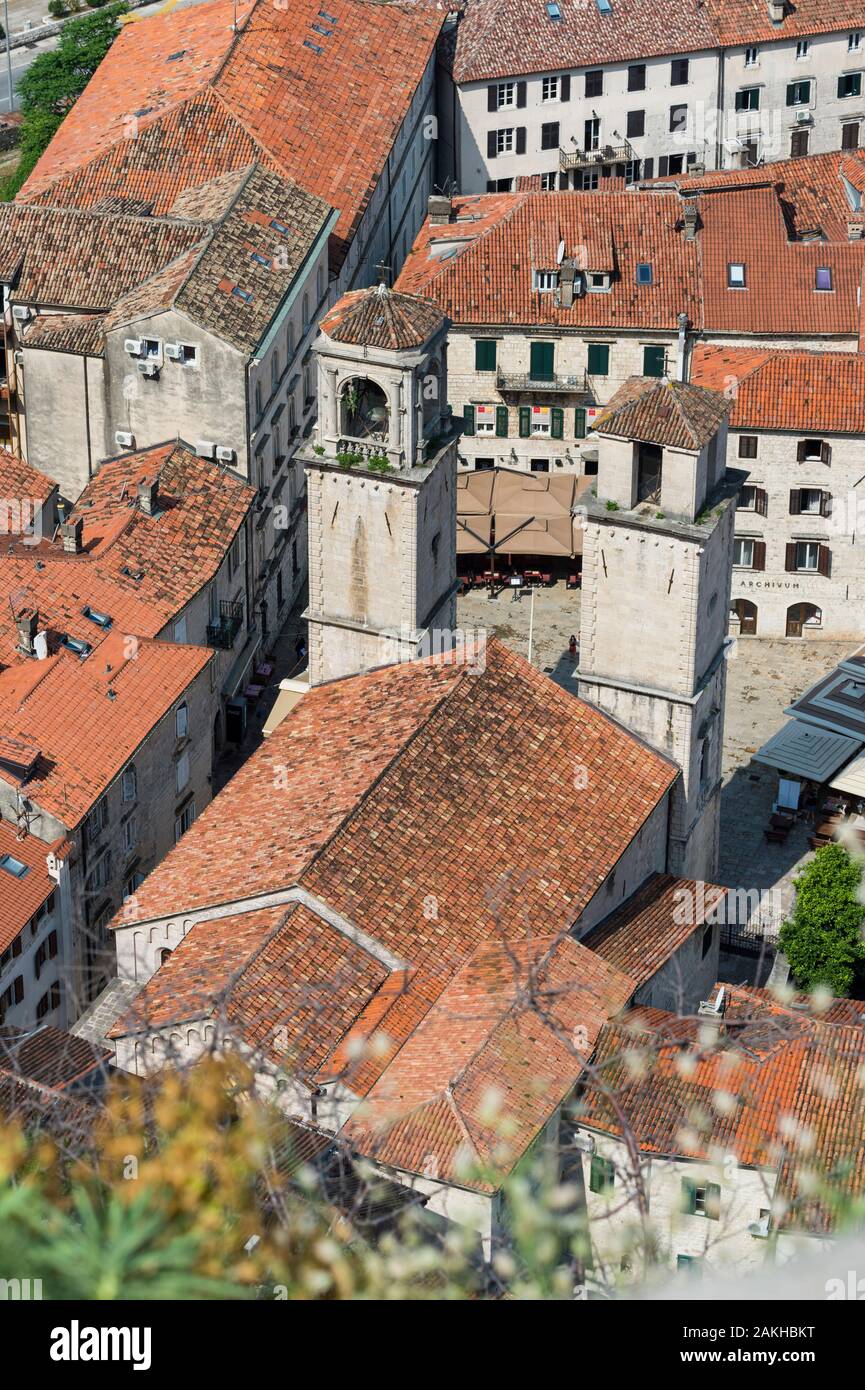 Aerial view of Kotor Old Town and Saint Triphon Cathedral, Unesco World Heritage Site, Kotor, Montenegro Stock Photo