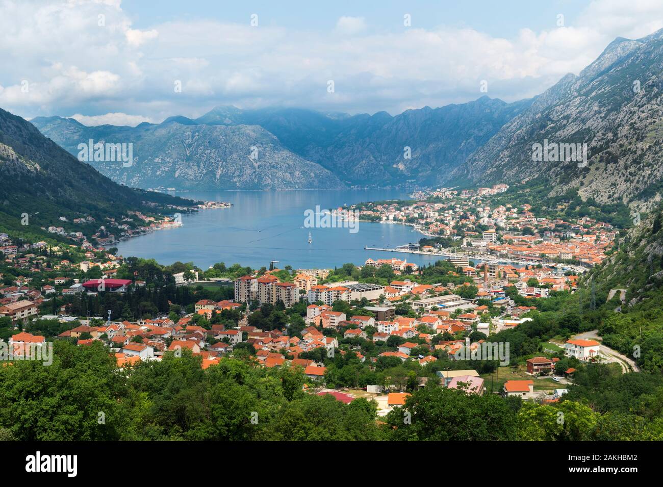 Aerial view over Kotor and Kotor Bay surrounded by mountains, Unesco World Heritage Site, Kotor, Montenegro Stock Photo