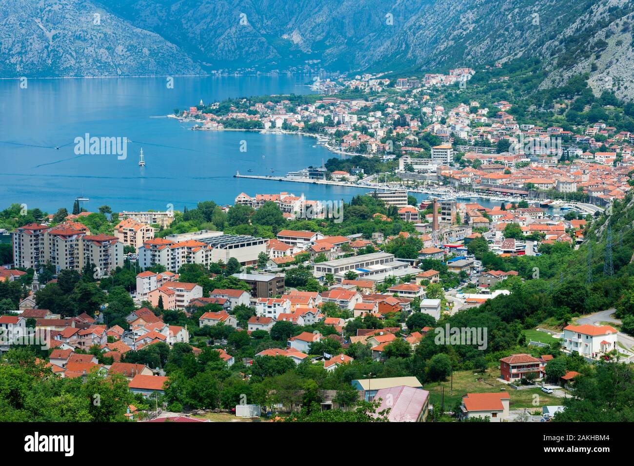 Aerial view over Kotor and Kotor Bay surrounded by mountains, Unesco World Heritage Site, Kotor, Montenegro Stock Photo