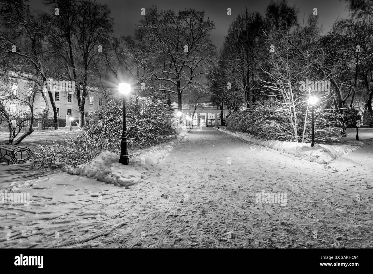 Winter park at night with decorations, lights, benches and trees. Snow