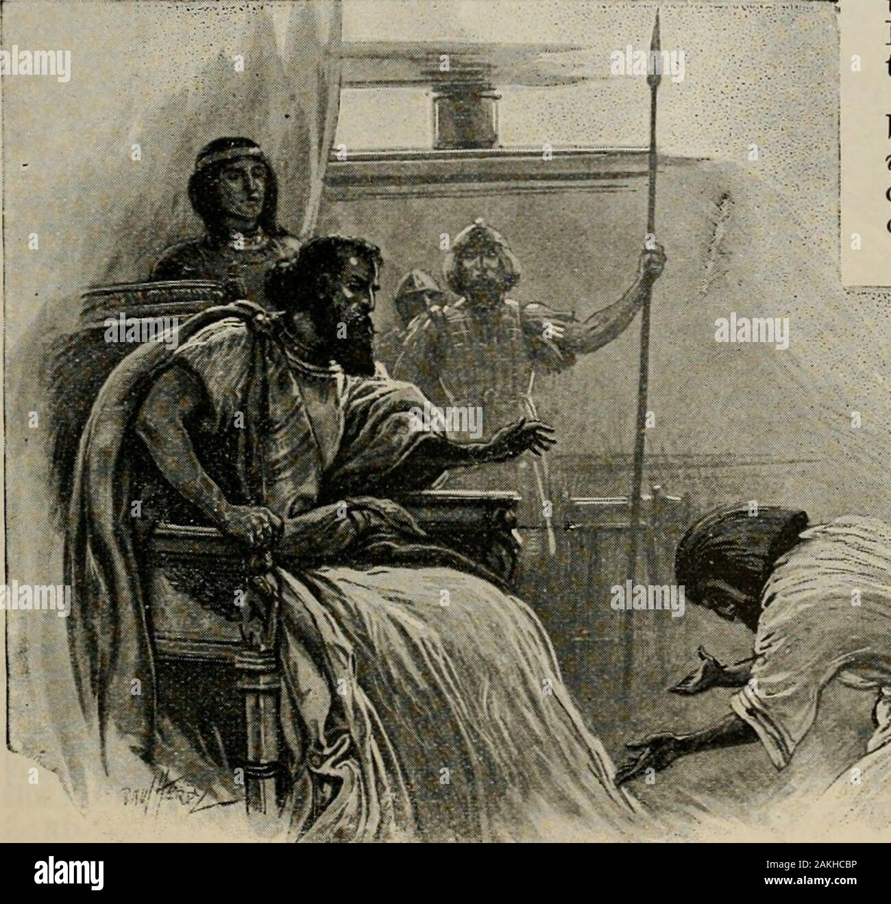 The art Bible, comprising the Old and new Testaments : with numerous illustrations . dHanun his son reigned in his stead. 2 Then said David, I will shew kindnessunto Hanun the son of Nahash, as his fathershewed kindness unto me. And David sentto comfort him by the hand of his servantsfor his father. And Davids servants cameinto the land of the children of Ammon. Hanuns visage of his servants. 2 SAMUEL 11. Defeat of Ammonites and Syrians. 3 Aiid the princes of the children of Ammonsaid unto Hanun their lord, Thinkest thouthat David doth honour thy father, that hehath sent comforters unto thee? Stock Photo