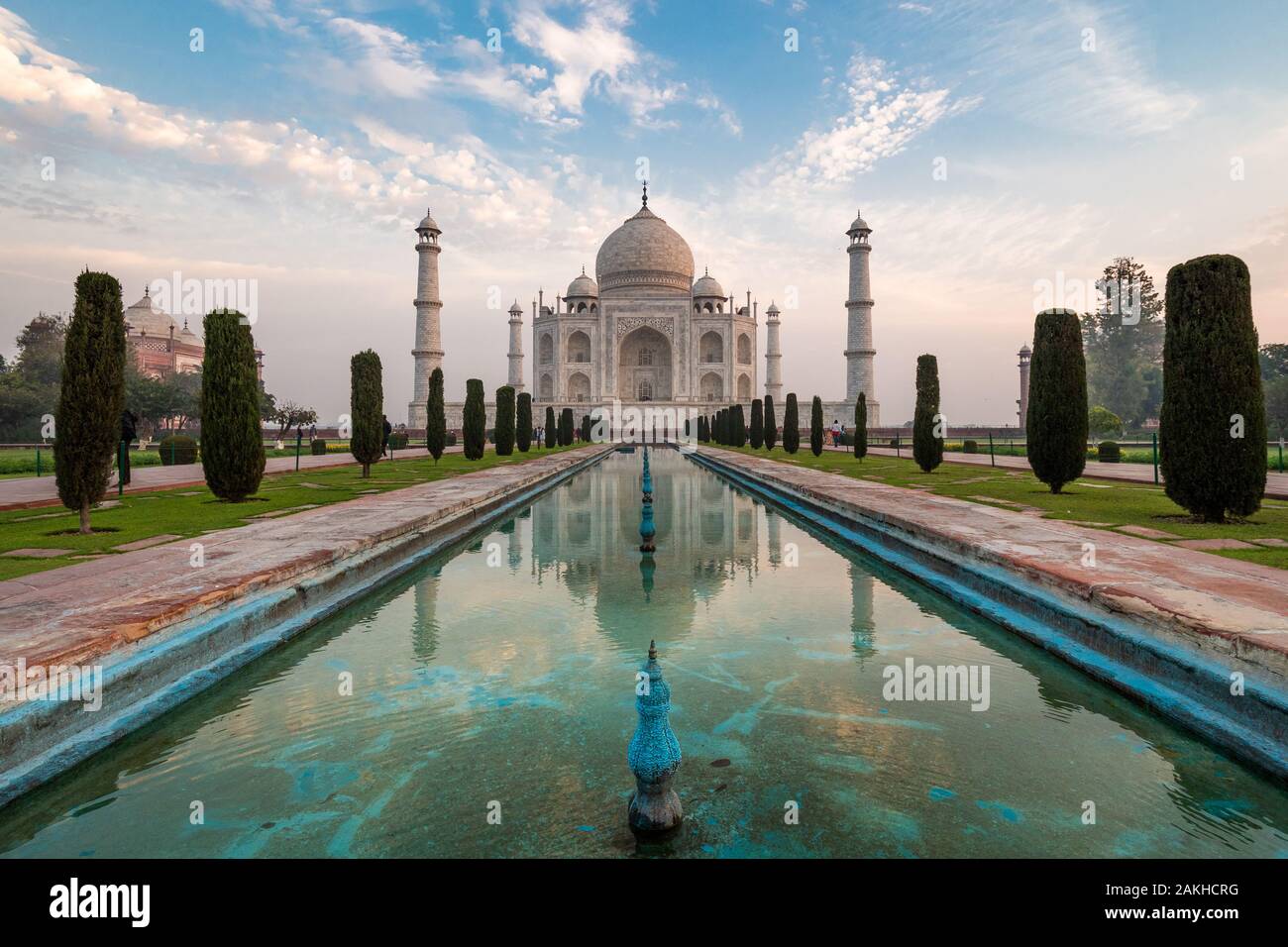 The Taj Mahal at sunrise in Agra, India. Stock Photo