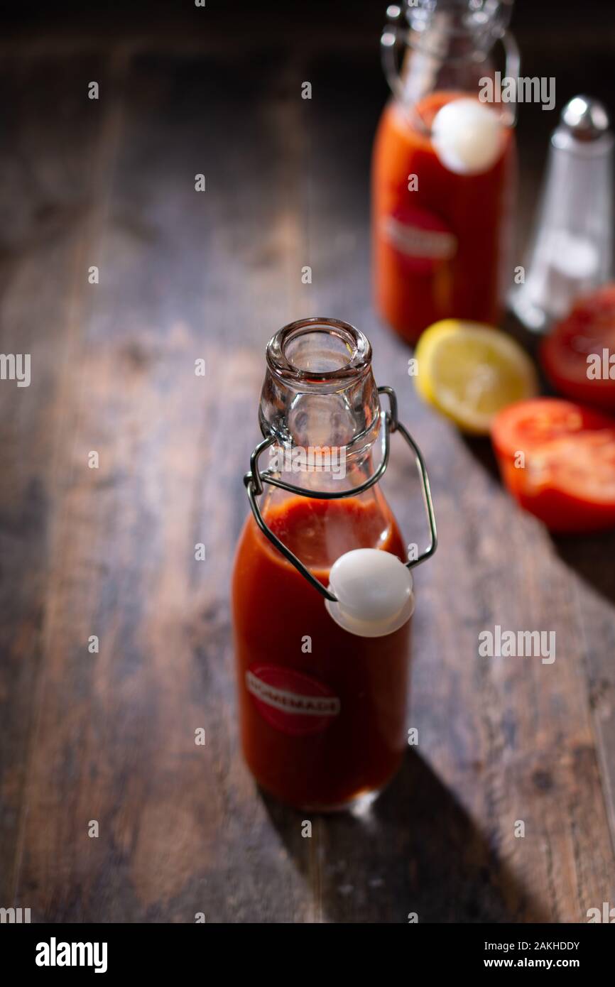 Tomato juice top view.Healthy food and drink.Delicious breakfast. Stock Photo