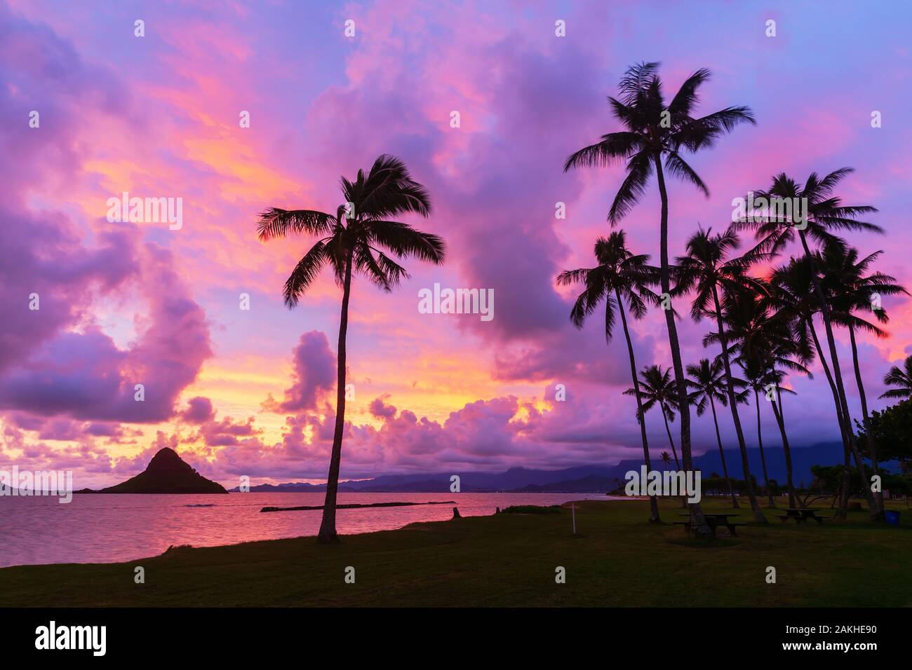 sunrise at Kualoa Regional Park in Oahu, Hawaii, with view on Mokolii