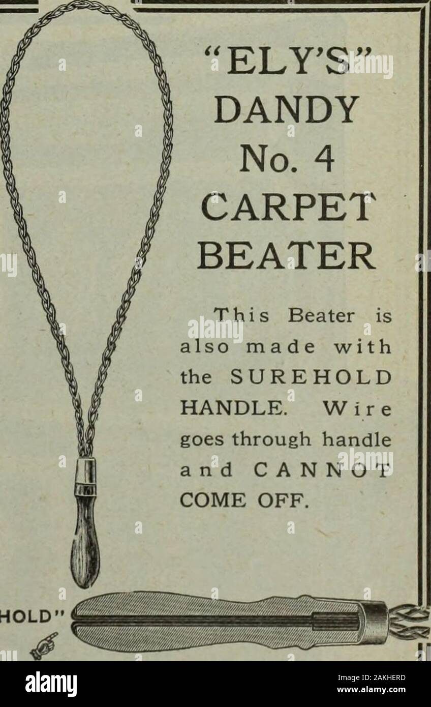 Hardware merchandising October-December 1910 . Send for Catalogue ELYS DANDYMOP WRINGERand BUCKETCOMBINED. SUREHOLD. u y&gt; ELYSDANDY No. 4CARPETBEATER This Beater isalso made withthe SUREHOLDHANDLE. W i r egoes through handleand CANNOTCOME OEF. THEO. J. ELY MFG. CO. GIRARD, Pa, U.S.A. 29 HARDWARE AND METAL Stock Photo