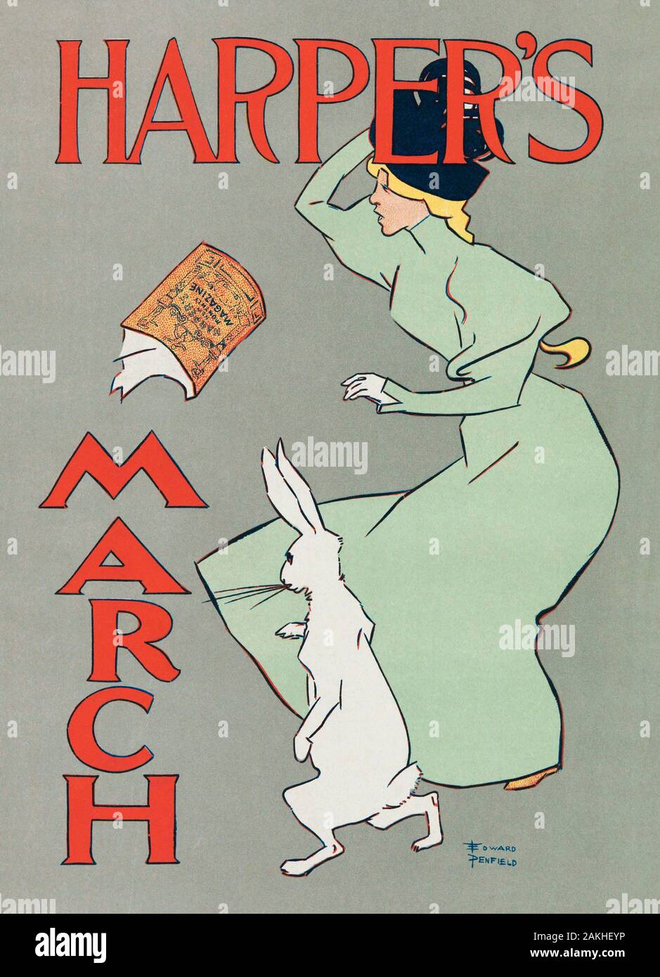 Woman in the Wind with March Hare, by Edward Penfield, 1866 - 1925.  Poster advertising Harper’s New Monthly Magazine for March 1895. Stock Photo