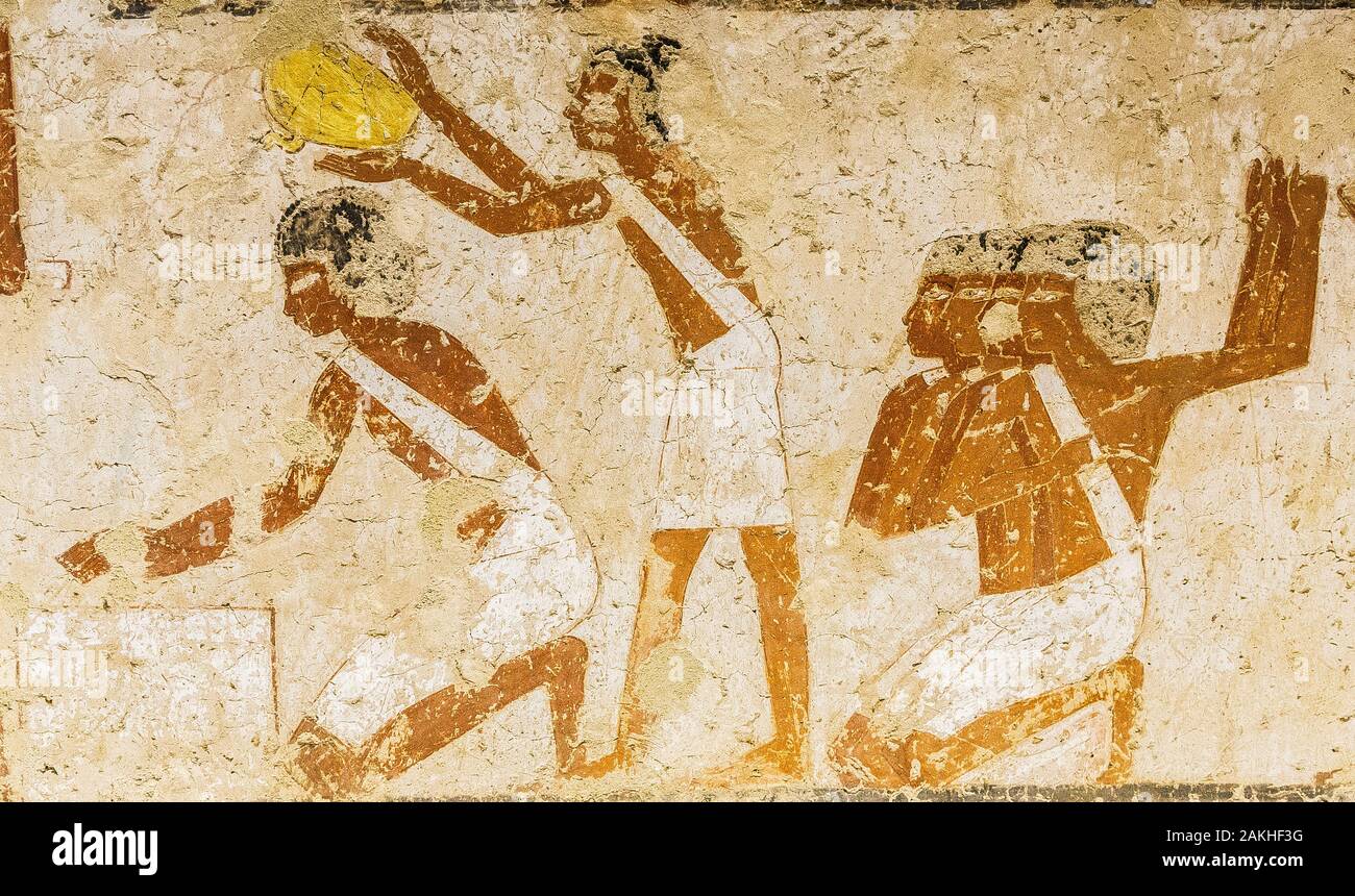 UNESCO World Heritage, Thebes in Egypt, Valley of the Nobles, tomb of Menna. Purification of hands and rejoicing. Stock Photo