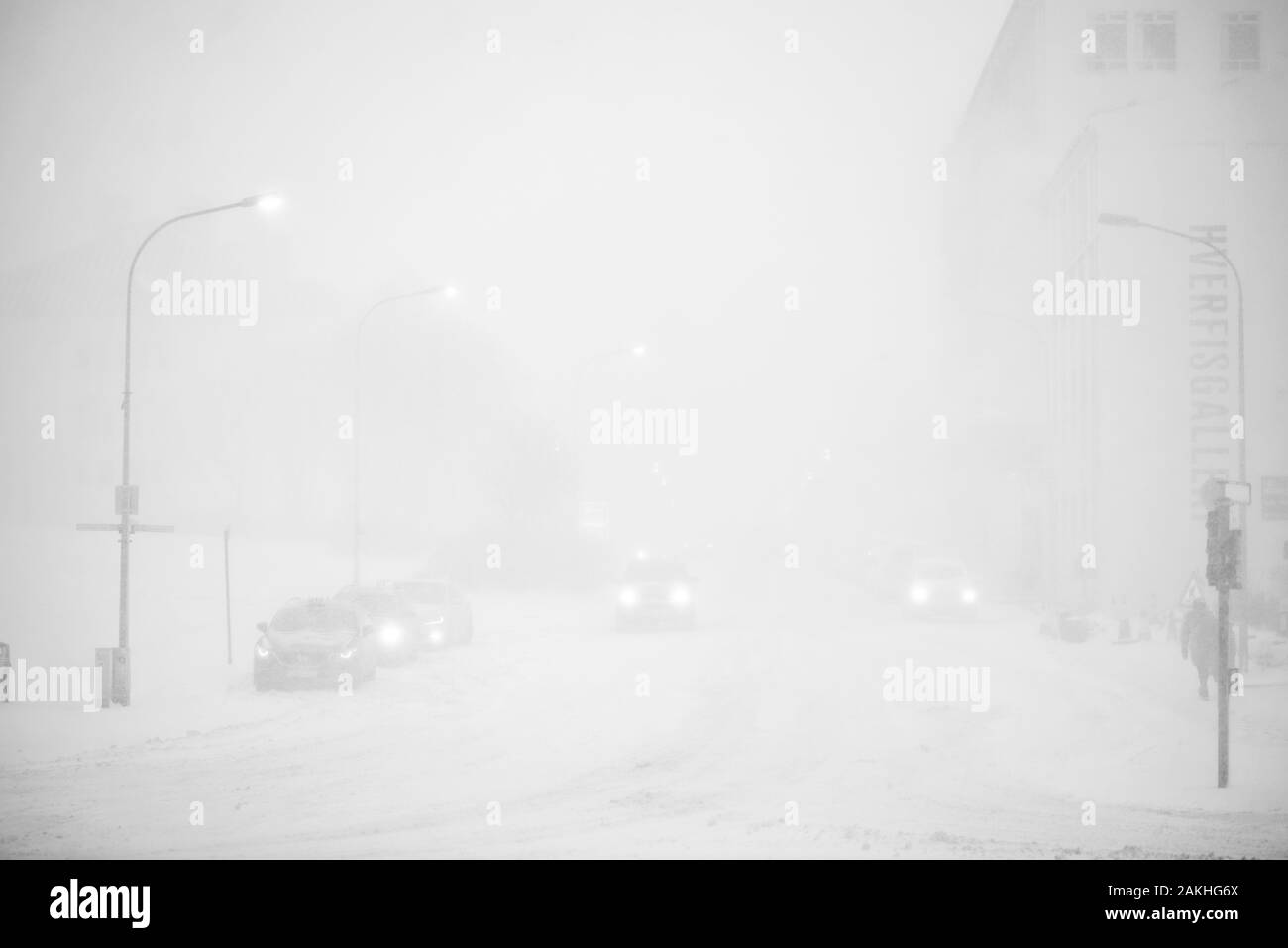 Black and white snowstorm, Reykjavik, Iceland, January 2020 Stock Photo