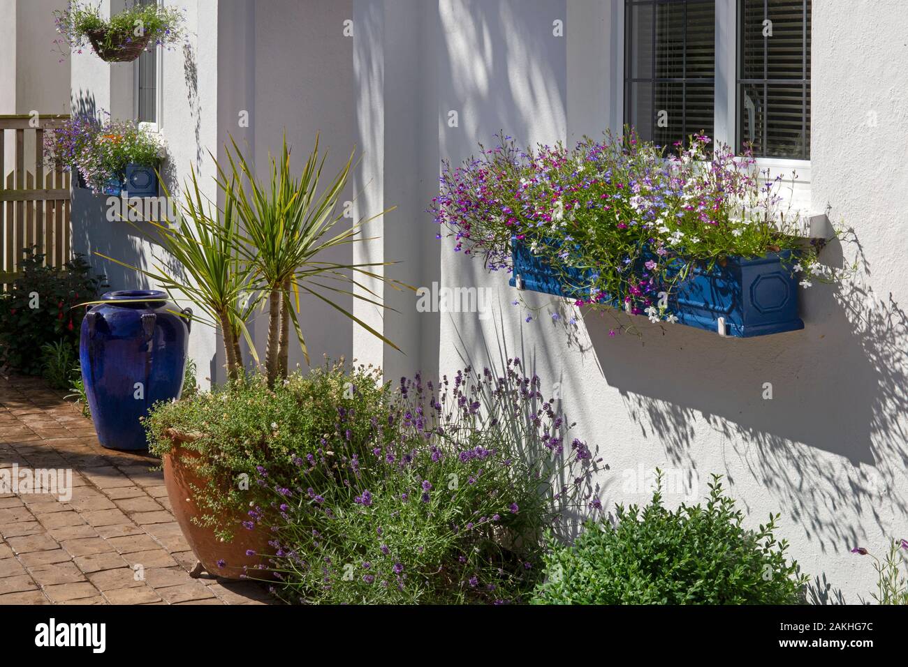 pots,hanging baskets and window boxes outside the front of an English house Stock Photo