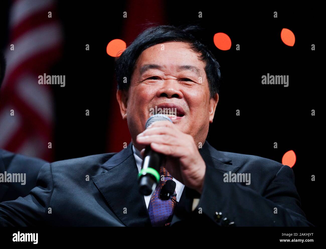 New York, USA. 8th Jan, 2020. Cao Dewang, chairman and founder of Chinese Fuyao Group, attends a fireside chat during the 15th anniversary and Chinese Lunar New Year gala of China General Chamber of Commerce-U.S.A. in New York, the United States, Jan. 8, 2020. Credit: Wang Ying/Xinhua/Alamy Live News Stock Photo