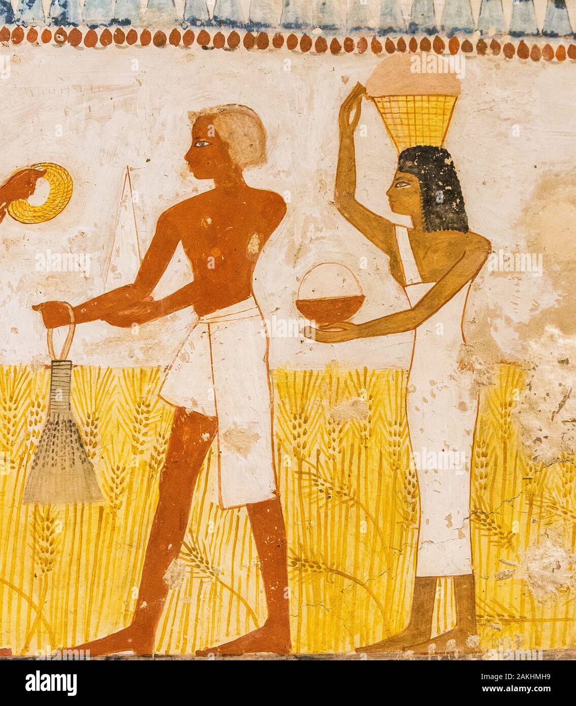 UNESCO World Heritage, Thebes in Egypt, Valley of the Nobles, tomb of Menna. Agricultural scene, offering bringers with food. Stock Photo