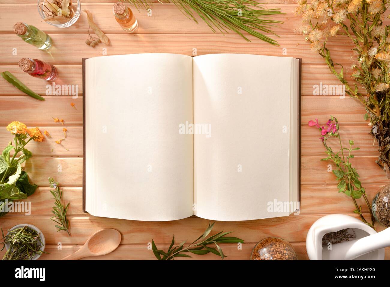 Blank book of recipes for the preparation of natural plant medicine on wooden table with medicinal and aromatic plants. Top view. Horizontal compositi Stock Photo