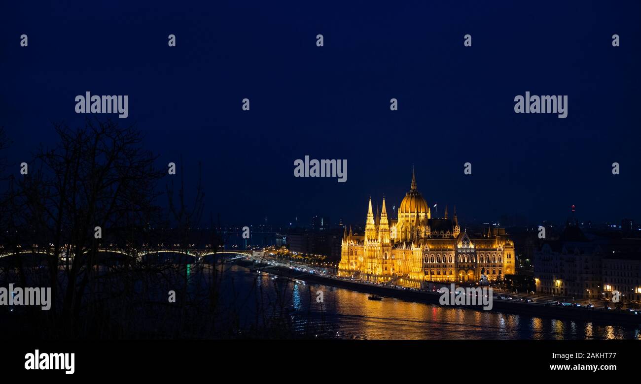 Panorama of Budapest from above. Budapest Parliament in Hungary at night, reflections on the Danube river. Stock Photo