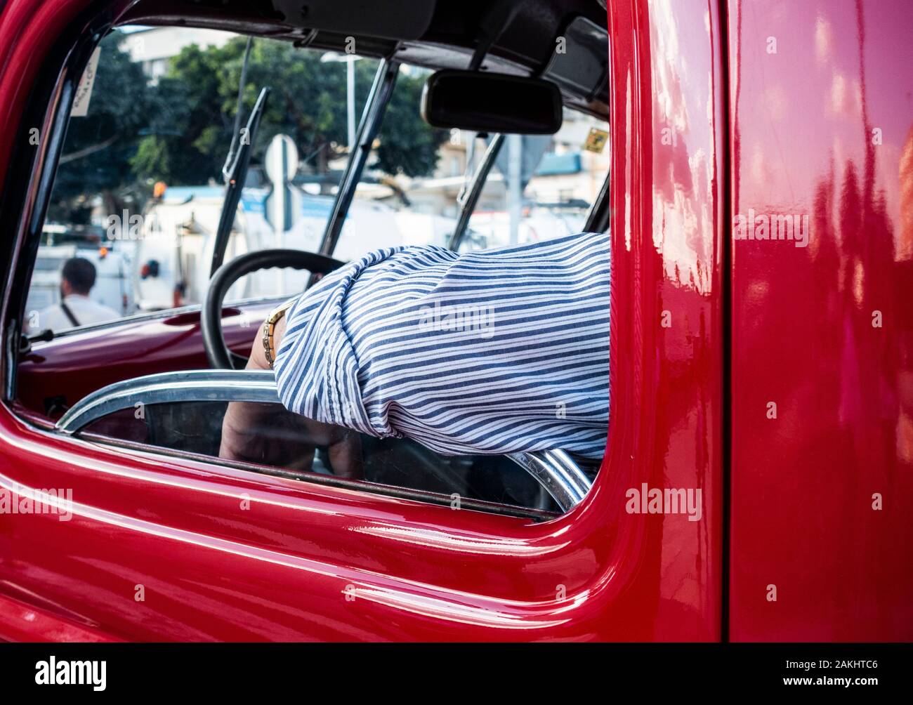 Cab of red Chevrolet pick up truck Stock Photo