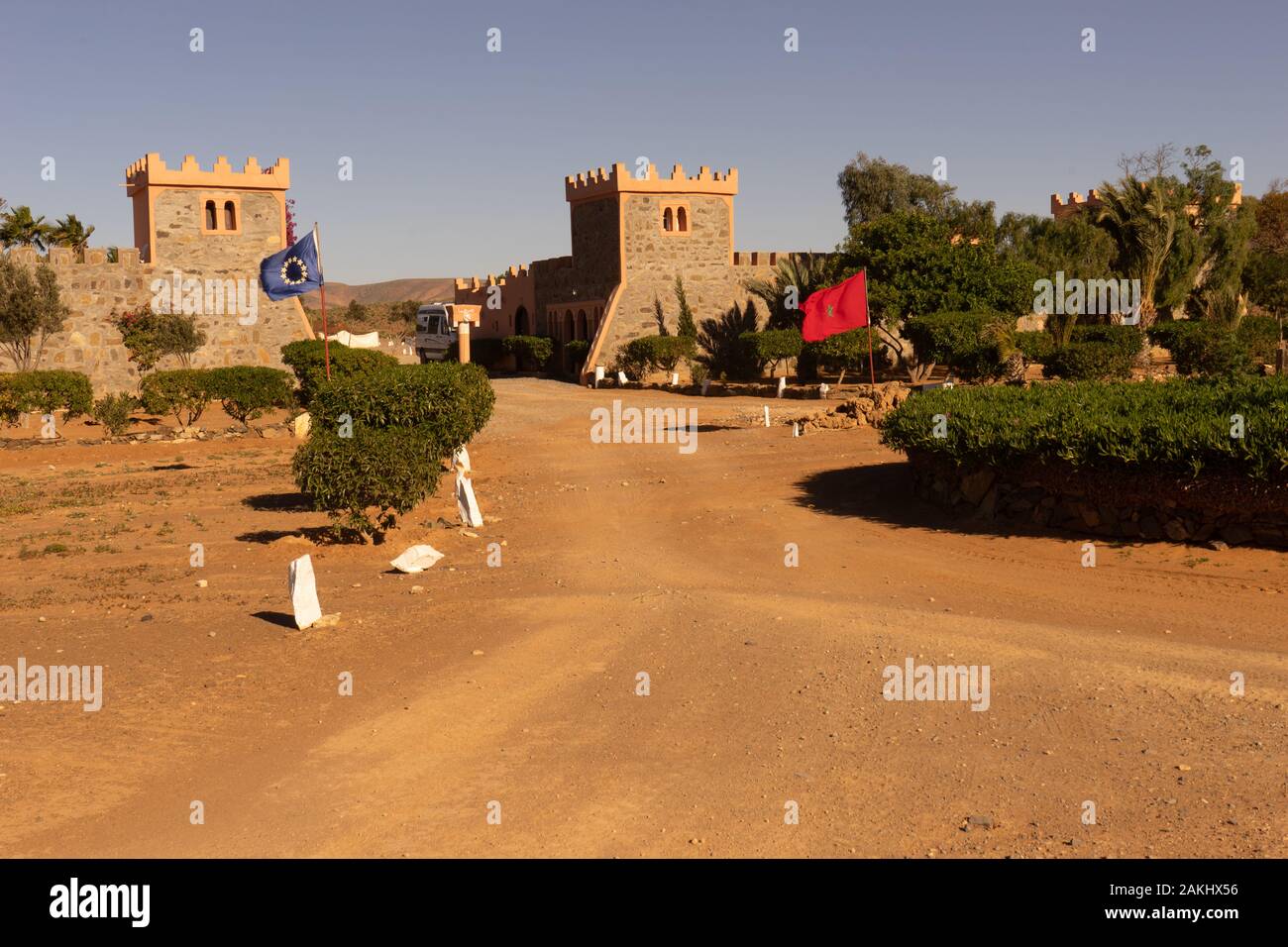 Entrance of the hotel and campsite of Fort Bou Sherif Stock Photo