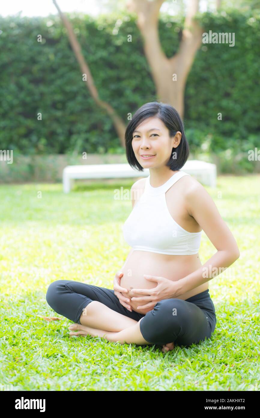 Portrait Young Happy Pregnant Yoga Mom Stock Photo 450086734