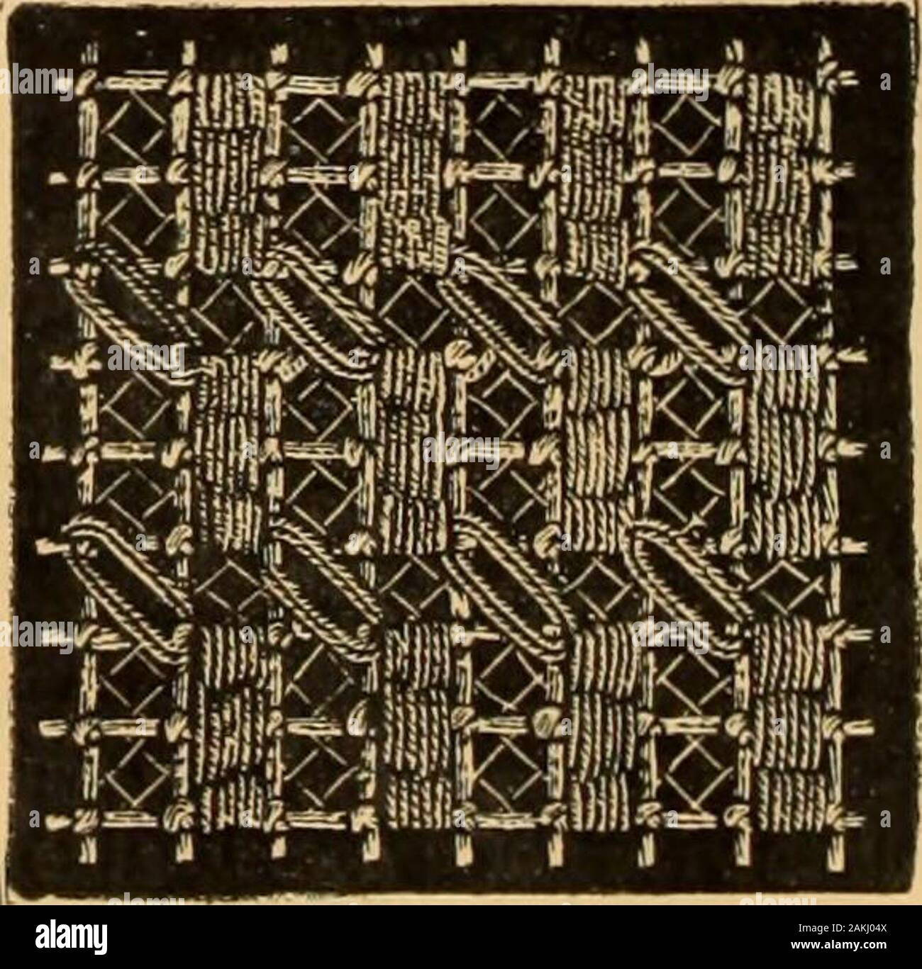 Tatting and netting . No. 57.—Ground of Embroidered Netting. thread possesses many advan-tages in the way of effectiveness,and also of durability; but it isonly in a piece of work of acertain size that it is possiblereally to judge of the excellenteffect produced by the use oftwo threads of different sizes.Small pieces are not advisable.The principal lines of thepattern shown at No. 57 areworked in a very coarse threadlike rope silk, while the loopstitches are in finer size, say,wash embroidery silk.. Stock Photo