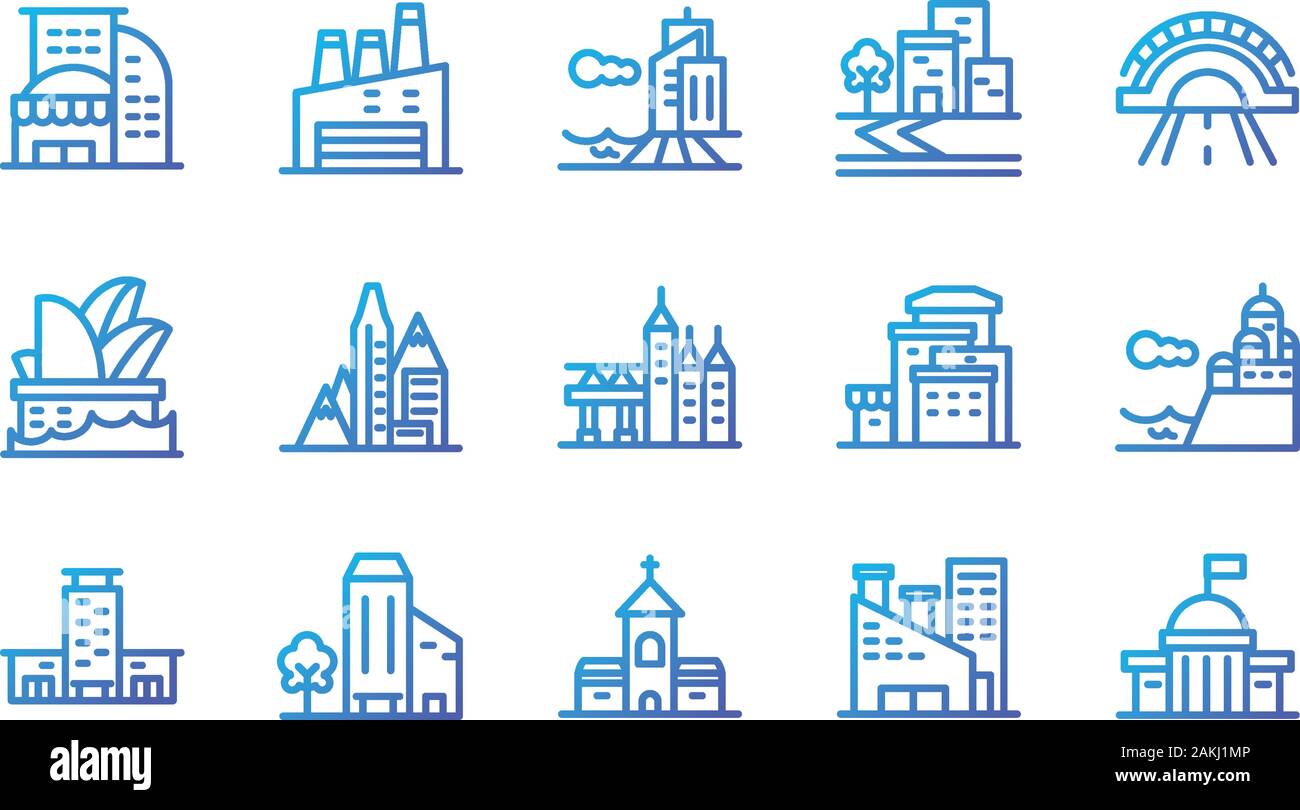 Buildings icon set design, City architecture urban modern downtown ...