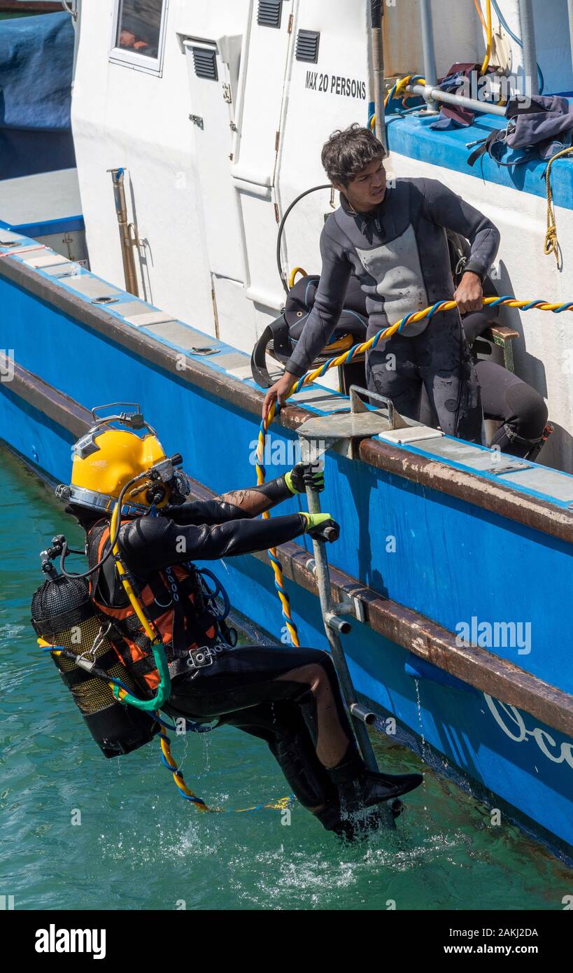 Hermanus, Western Cape, South Africa.  Professional divers training course, Student deep sea diver climbing onto boat at the New Harbour in Hermanus. Stock Photo