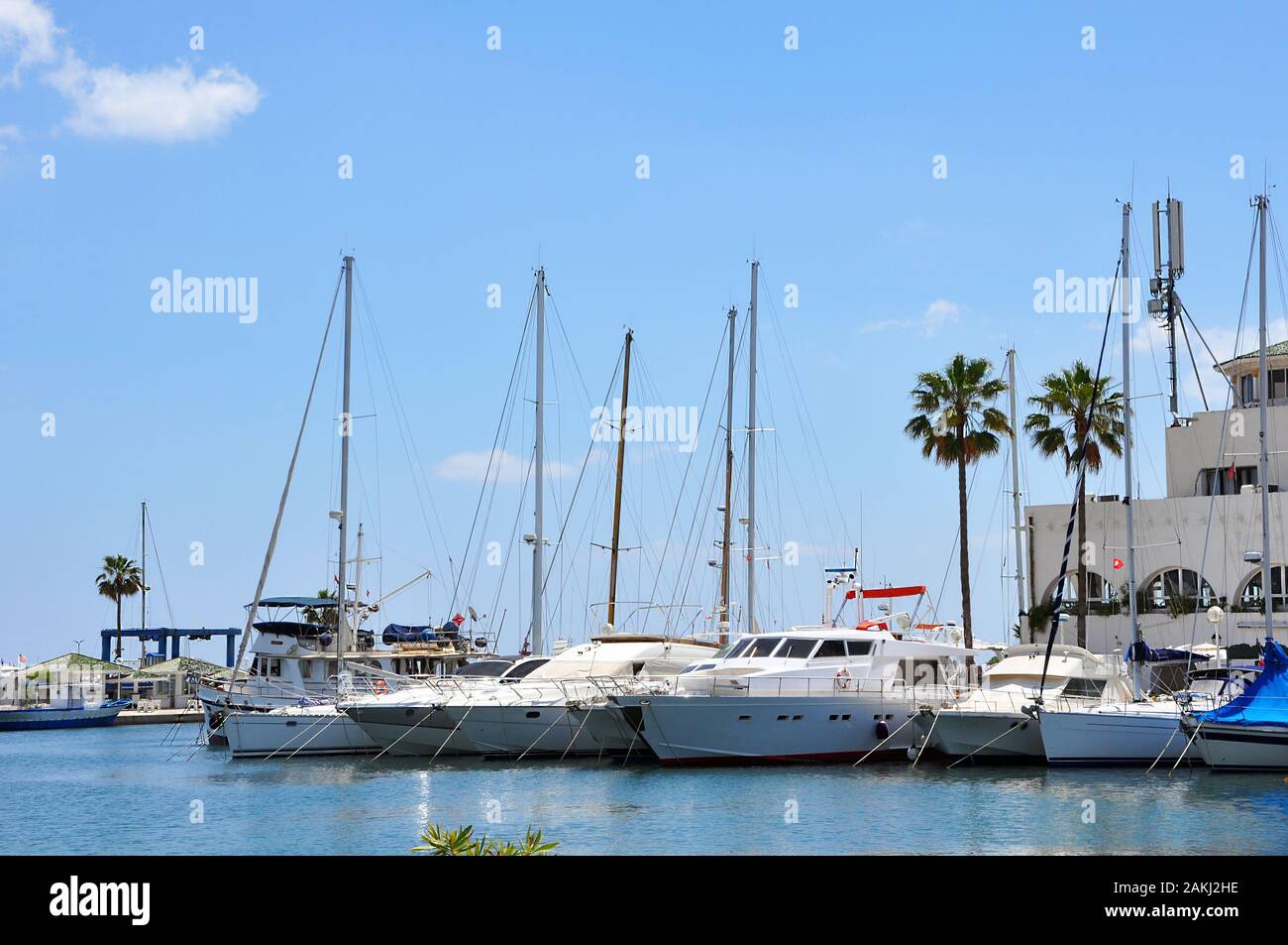 Several yachts moored in Port El Kantaoui marina in sunny day Stock Photo