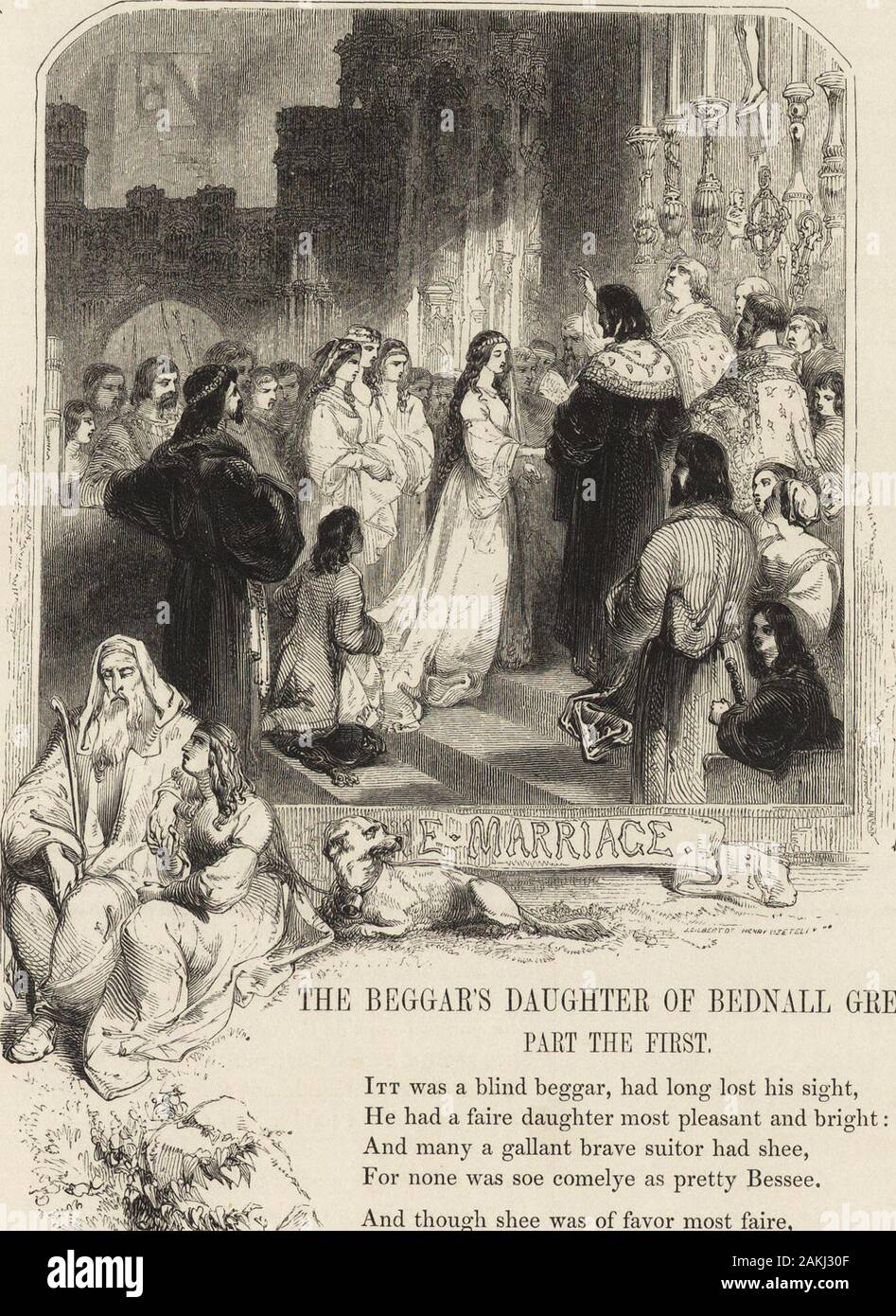 The book of British ballads . THE BEGGARS DAUGHTER OF BEDNALL GBEEN. PART THE FIRST, Itt was a blind beggar, had long lost his sight,He had a faire daughter most pleasant and bright:And many a gallant brave suitor had shee,For none was soe comelye as pretty Bessee. tjj J&A And though shee was of favor most faire,* ty^Jmfi l,vKi,J Yett seeing she was but a poor beggars heyrev-t Of ancyent housekeepers despised was shee, Whose sonnes came as suitors to prettye Bessee. Vizetelly, sc. Stock Photo