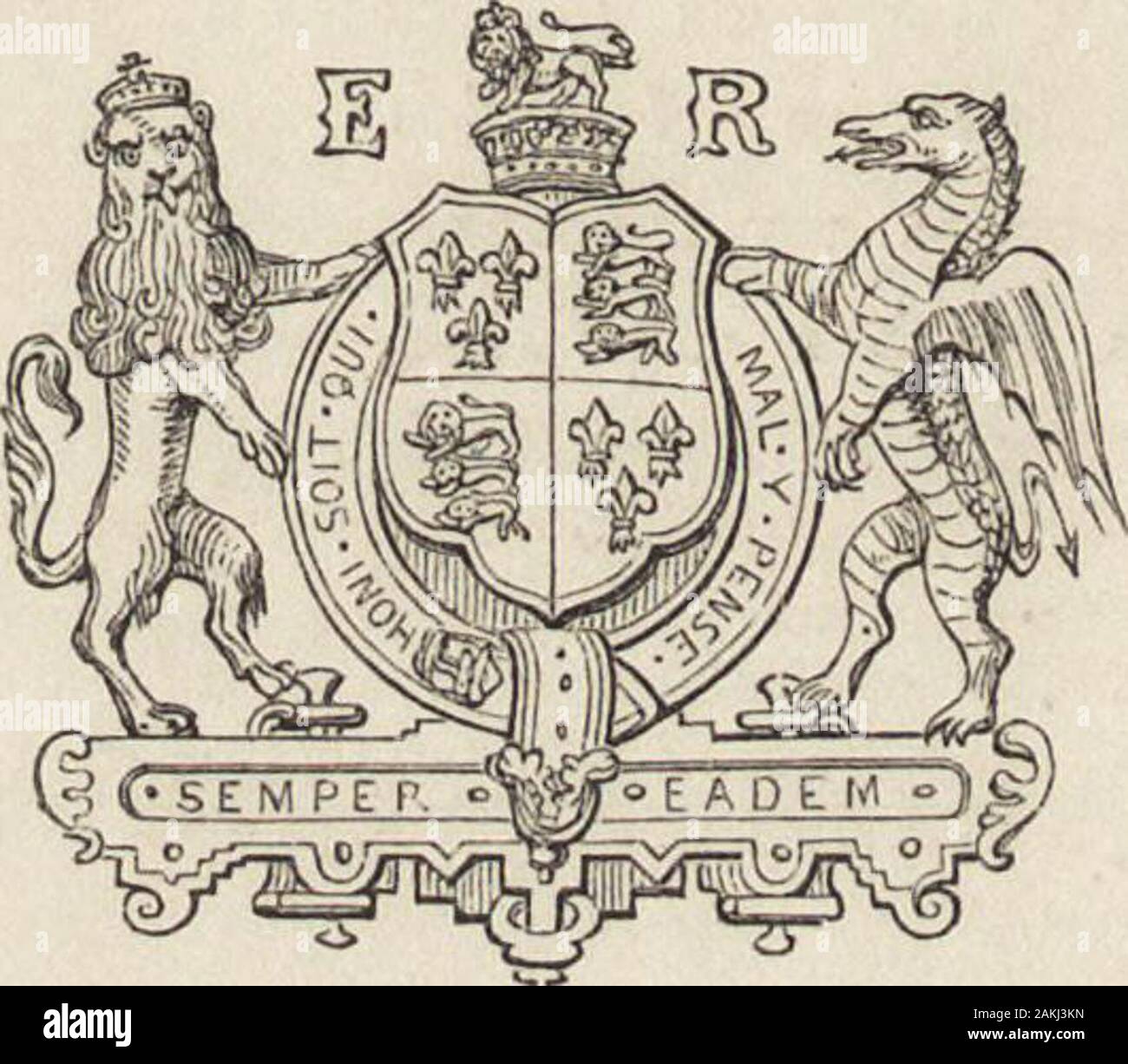 The book of British ballads . The Arms of Elizabeth differ from the Royal Arms, as now borne, in many particulars.France and England only appear in the quarterings of the shield. The removal of the FrenchCoat did not indeed take place till late in the reign of George III., although, centuries before,we had lost every foot of our French territories,—so long retained and so obstinately fought forby our earlier sovereigns. The Red Dragon and Lion are the supporters. The Dragon being thedistinctive badge of the Tudor family, it was introduced by the victorious Henry of Rich-mond, on his accession Stock Photo