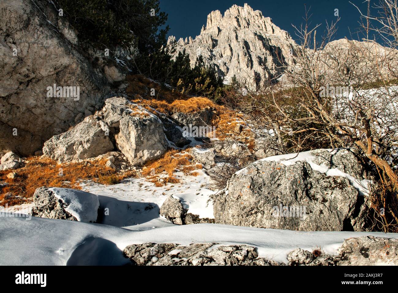beautiful dolomites in fresh wintersnow near Canazei Stock Photo