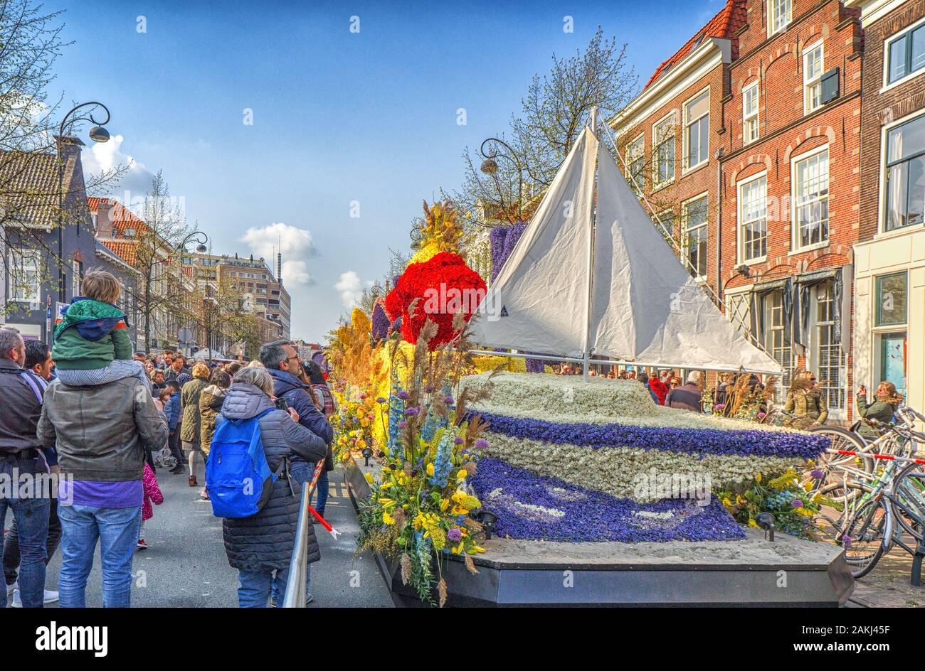 HAARLEM, THE NETHERLANDS - APRIL 14  , 2019: The Flower parade, Bloemencorso in Dutch, is an annual, colorful feast of beautiful flowers. The route is Stock Photo