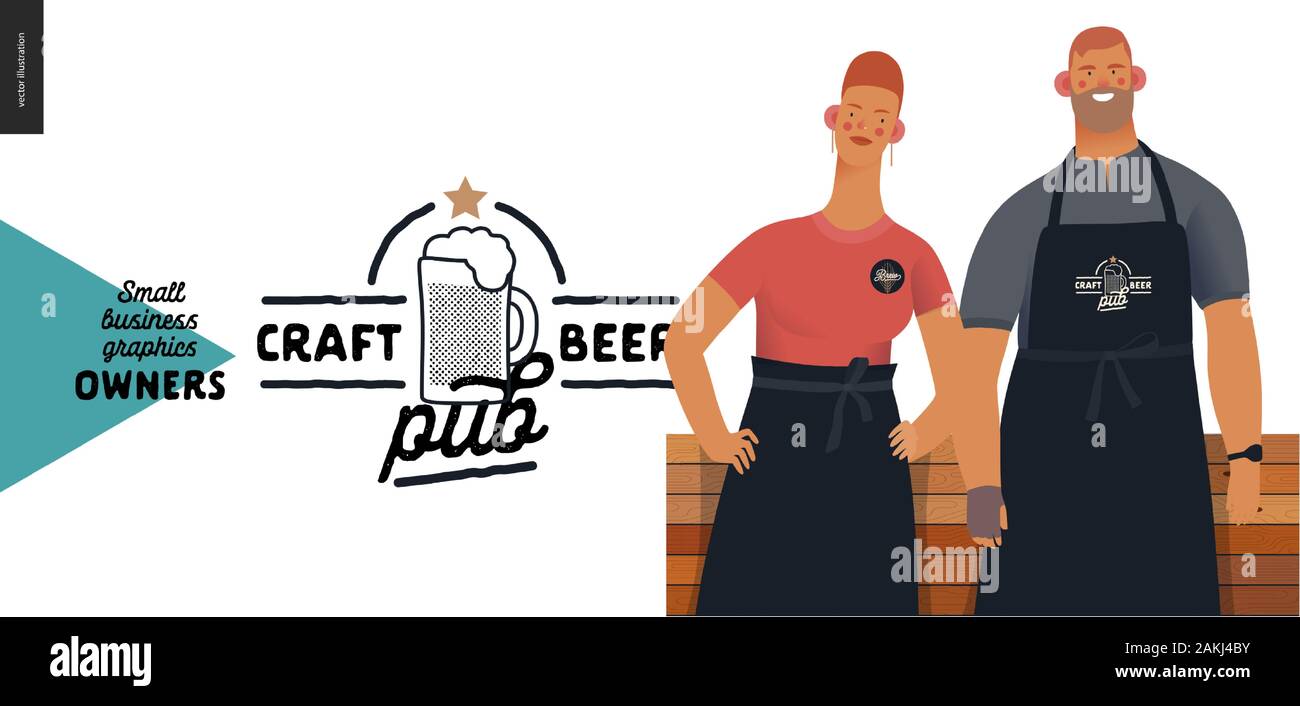 Craft beer pub -small business owners graphics - two owner. Modern flat vector concept illustrations - young woman and man wearing black apron, standi Stock Vector