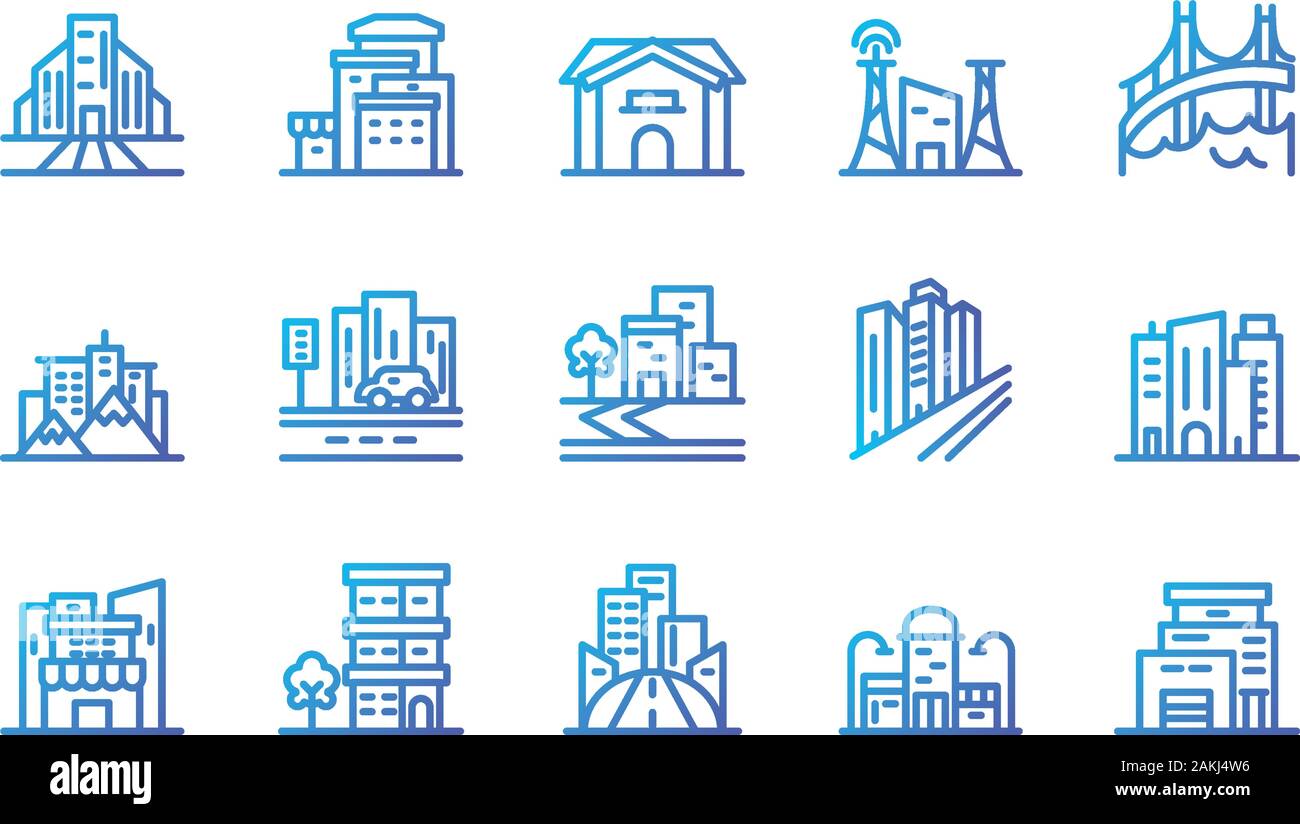 Buildings icon set design, City architecture urban modern downtown ...