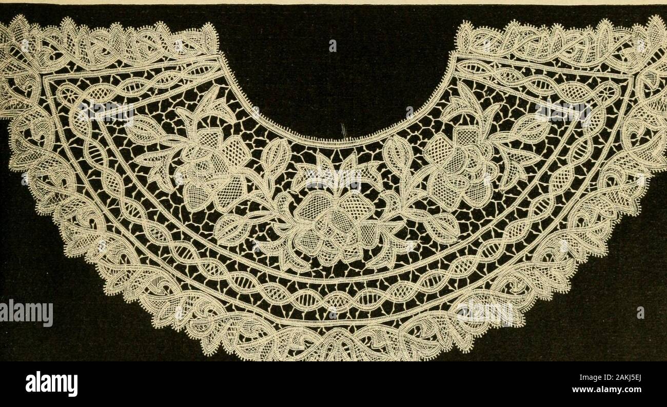 A treatise on lace-making and embroidery, with Barbour's Irish flax thread . SANCE LACE CENTRE-PIECE. [Contributed by Miss M. C. Parsons, Hudson, N.Y.] Materials: Six spools Barbours Irish flax thread, No. 50, 3-cord,200-yards spools, 18 yards linen hemstitch braid, 4 yards purling,and 6-inch square of linen for centre. Make the rings by winding thread 10 times around a pencil andbuttonholing over. The design is not intricate, and the stitches arevery simple, composed entirely of twisted bars and plain wheels, yetthe effect is very lovely. The centre, leaving off the first straight rowof braid Stock Photo
