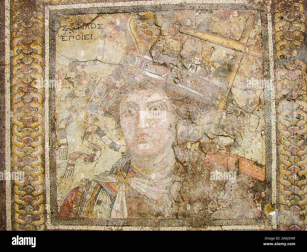 Egypt, Alexandria, Graeco-Roman Museum, mosaic depicting Berenice II, wife of  de Ptolemy III. The crown of the queen is actually a boat. Stock Photo