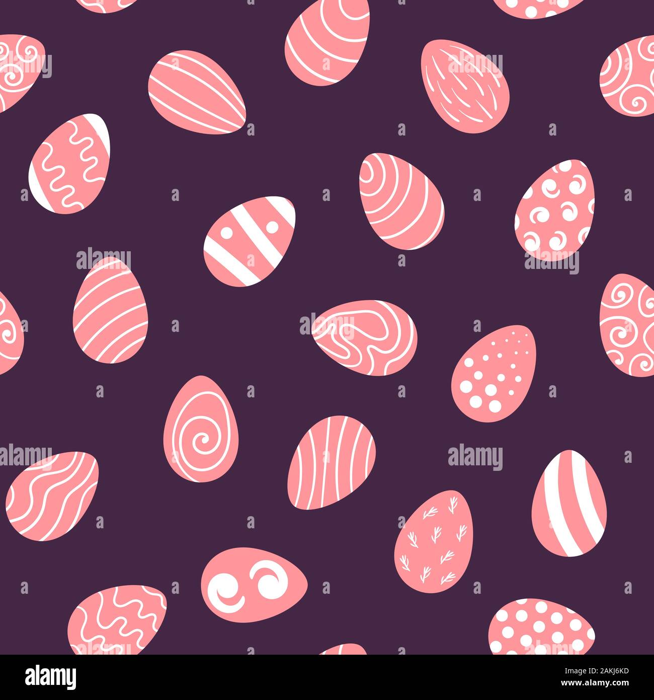 Seamless pattern with pink Easter eggs on dark purple background. Flat vector illustration. Stock Vector