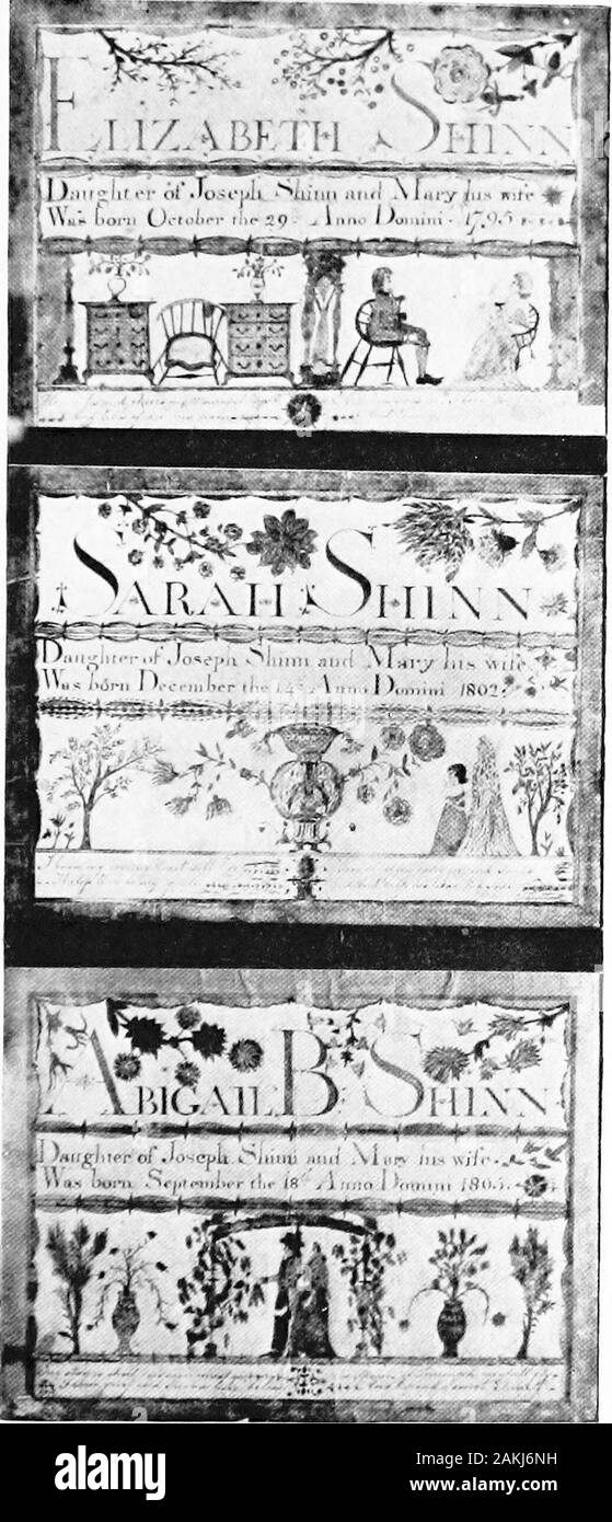 The practical book of early American arts and crafts . ing forward, based upon the portions of a plantwhich each holds in her hands. The lower portion ofthe picture has nothing to do with the upper. Feactue WoEK BY Engush Colonists. The birthcertificates of the three Shinn children and of CalebLippincott are particularly interesting as showing thedevelopment of fractur painting when it got into thehands of English colonists. The Lippincott painting isstill further interesting because it depicts one of thelocal sports, and the fox-hunters apparently wear thecoats and caps of the old Gloucester Stock Photo