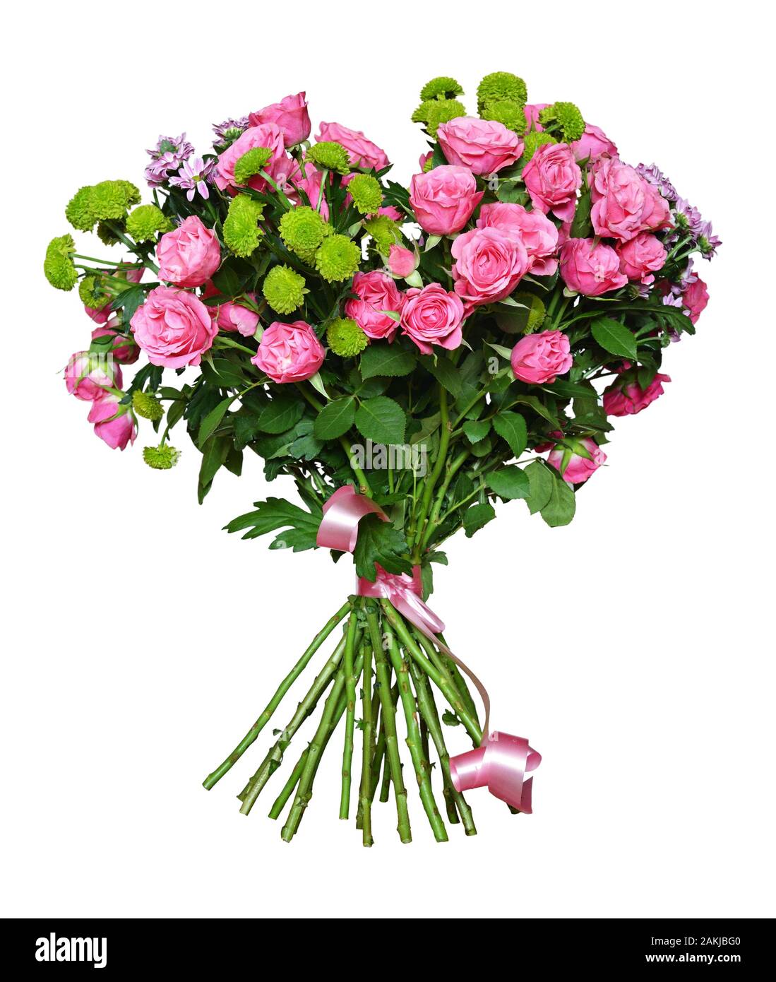 Bouquet of pink roses and aster flowers isolated on white background
