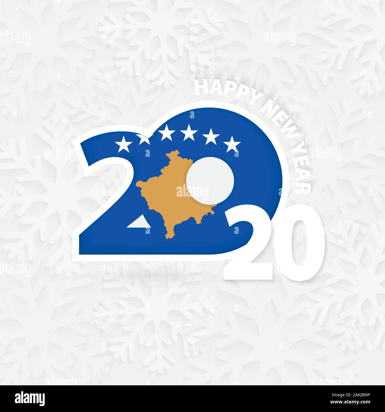 Happy New Year 2020 with flag of Kosovo on snowflake background