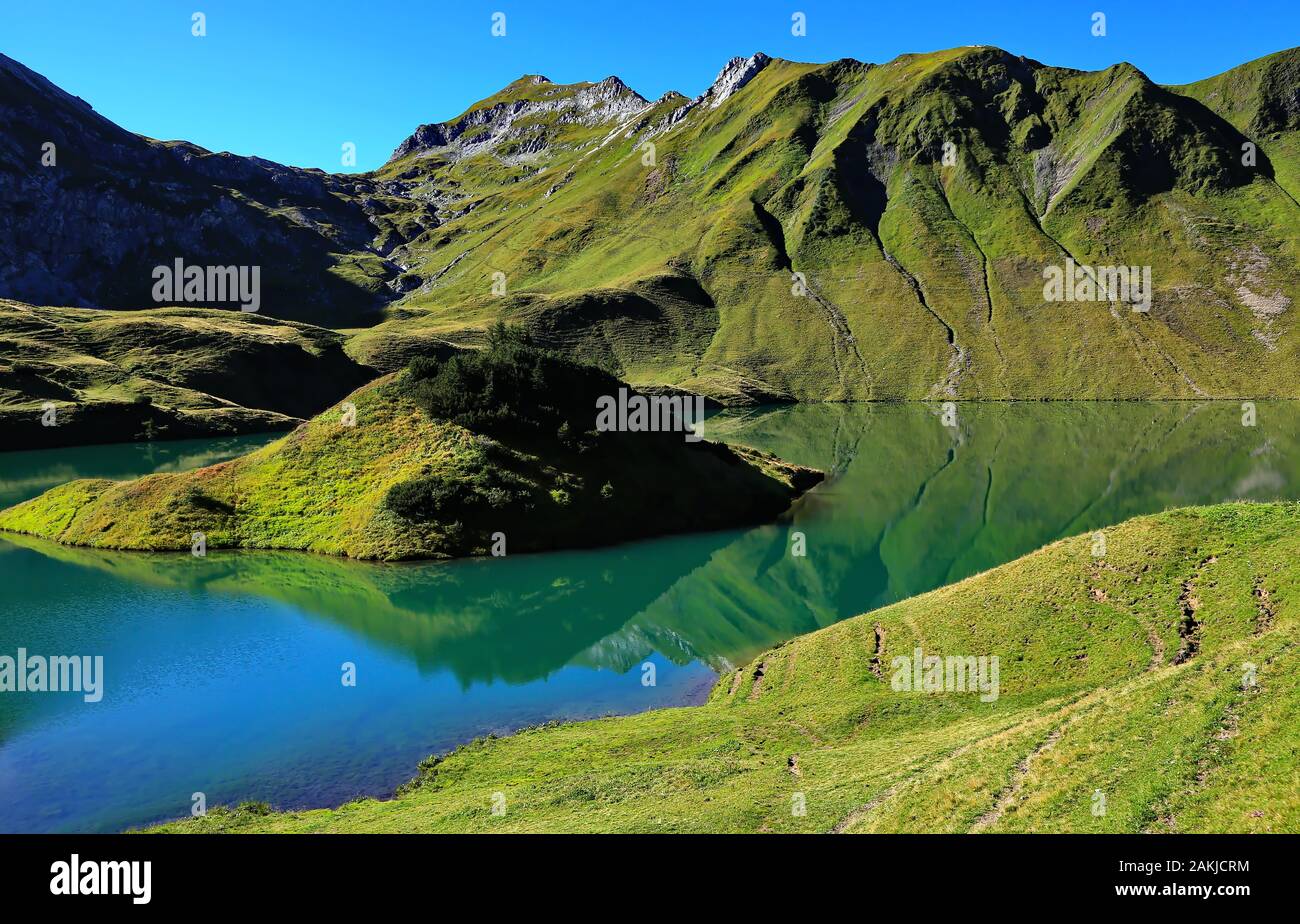 The Schrecksee is a mountain lake in the high Alps Stock Photo