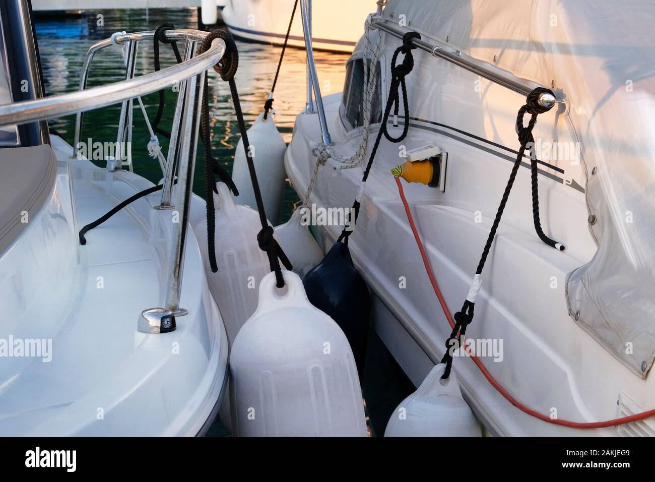 Electrical outlets for charging on boats in sea coast in Croatia