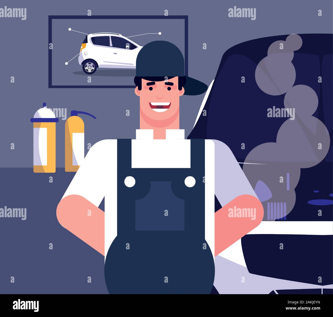 Repairman And Car In Garage Design Repair Service Maintenance Job
