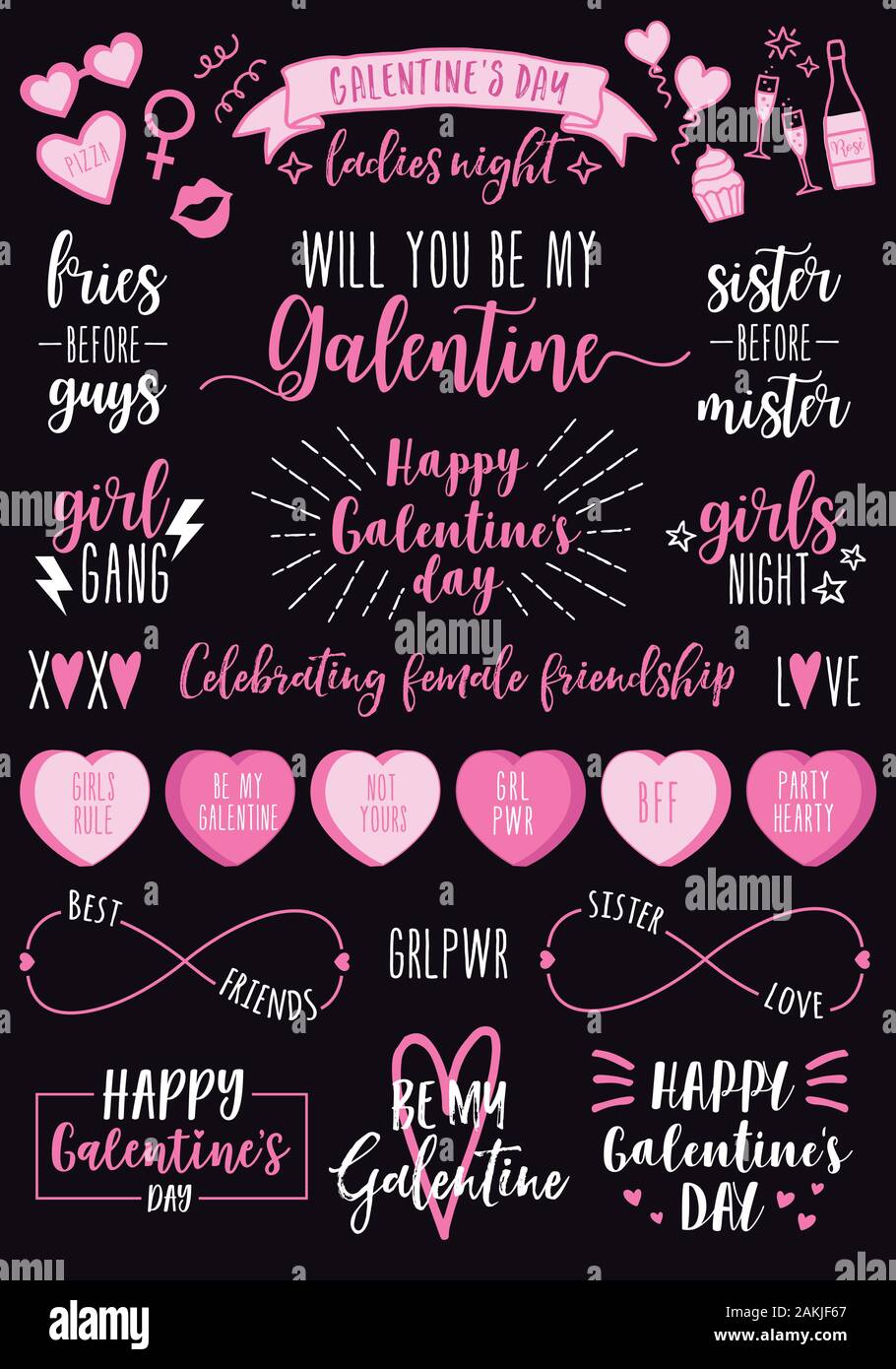 Galentines day, hand drawn vector design elements for Valentine's day card, Galentines day ladies night, female party invitation Stock Vector