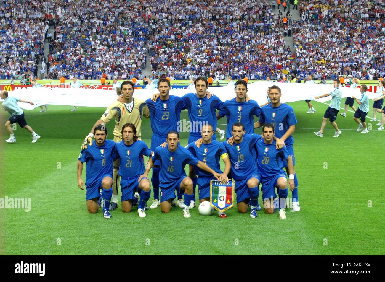 Berlin Germany, 07/09/2006: FIFA World Cup Germany 2006, Italian National Football Team in the Italy-France final: standing Gianluigi Buffon, Marco Materazzi, Luca Toni, Fabio Grosso, Francesco Totti, seated Gennaro Gattuso, Andrea Pirlo, Mauro German Camoranesi, Fabio Cannavaro, Gianluca Zambrotta, Simone Perrotta. Stock Photo