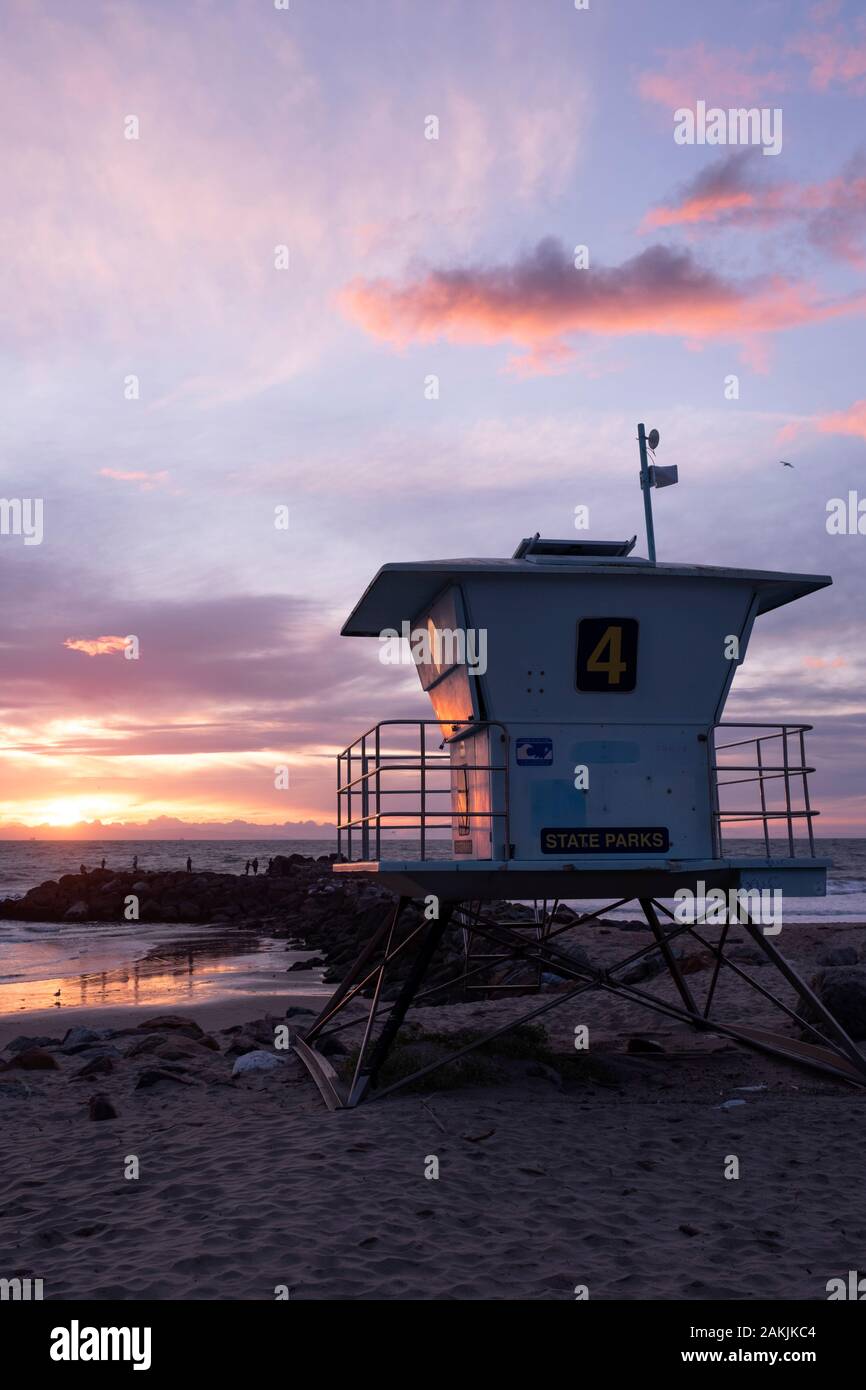 California Beach Lifeguard Tower at Sunset Stock Photo